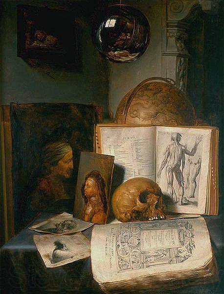 simon luttichuys Vanitas still life with skull, books, prints and paintings by Rembrandt and Jan Lievens, with a reflection of the painter at work Norge oil painting art